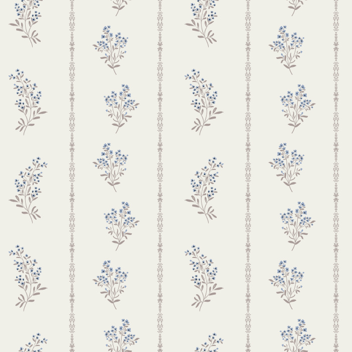 Bring timeless cottage charm into your home with Forget Me Not Trellis Wallpaper, a delicate floral wallpaper featuring petite blue forget-me-not bouquets arranged in a graceful trellis stripe pattern.