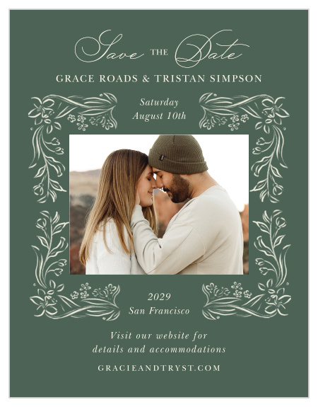Spring Parkway Save the Date Cards combine romantic floral line art, elegant script typography, and a favorite engagement photo for a timeless introduction to your wedding celebration.