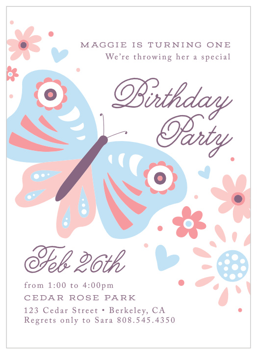 Choose our sweet Butterfly Birthday First Birthday Invitations to request your loved ones participation in celebrating the completion of your child's first year!