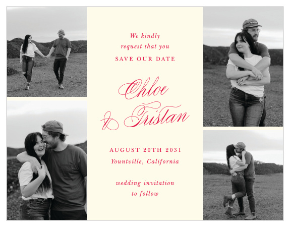 Classy Border Save the Date Cards feature a romantic photo collage paired with elegant calligraphy and classic typography for a timeless announcement of your upcoming wedding.