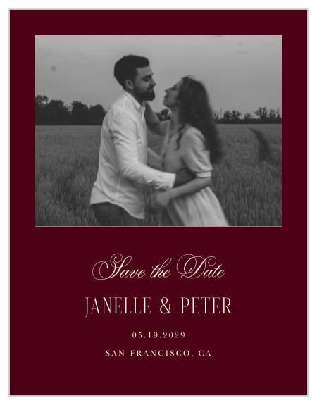 Dark Romance Wedding Arch Save the Date Cards pair a favorite engagement photo with dramatic color and ornate calligraphy for a sophisticated announcement with a moody romantic feel.