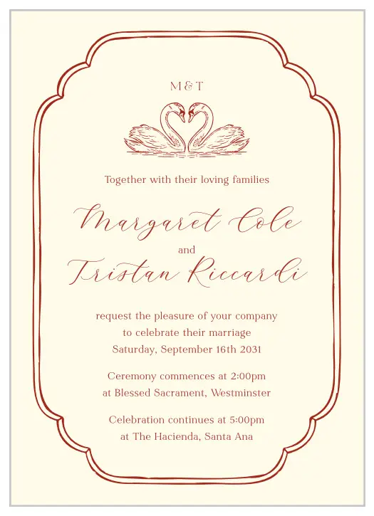 Sketched Swan Wedding Invitations feature a charming hand-drawn pair of swans, romantic script lettering, and an ornate double-line frame for a timeless wedding stationery design.