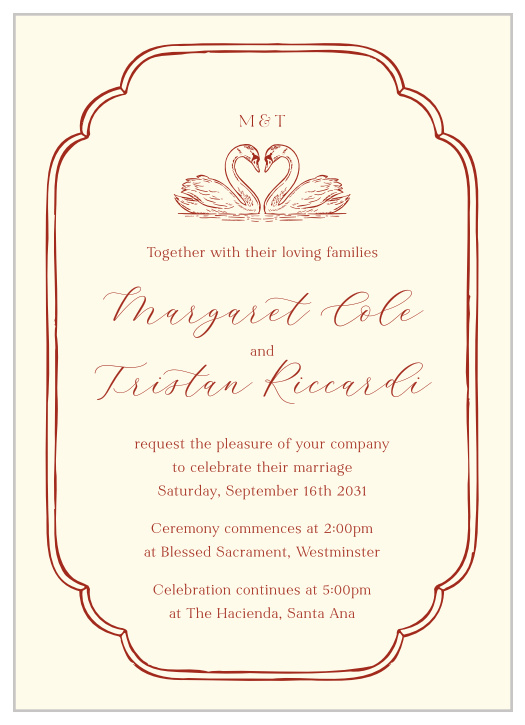 Sketched Swan Wedding Invitations feature a charming hand-drawn pair of swans, romantic script lettering, and an ornate double-line frame for a timeless wedding stationery design.