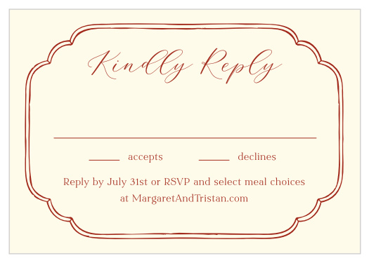 Sketched Swan Response Cards feature graceful handwritten-style typography and an ornate scalloped double-line frame for a romantic way to collect wedding guest RSVPs.