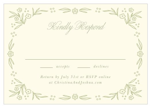 Perennial Frame Response Cards feature delicate floral illustrations and elegant script lettering for a romantic way to collect wedding guest RSVPs.
