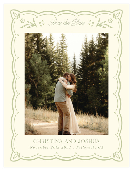 Perennial Frame Save the Date Cards feature a favorite engagement photo, delicate floral details, and a scalloped border for a romantic wedding announcement.