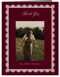 Lace Frame Wedding Arch Thank You Cards turn a favorite wedding photograph into a romantic keepsake framed by delicate scalloped lace detailing.
