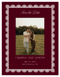 Lace Frame Wedding Arch Save the Date Cards pair a favorite engagement photo with an ornate scalloped lace border for a romantic, vintage-inspired announcement.