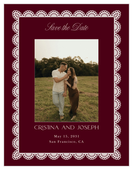 Lace Frame Wedding Arch Save the Date Magnets pair a favorite engagement photo with an ornate scalloped lace border for a romantic, vintage-inspired announcement.