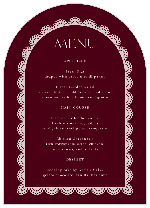 Lace Frame Wedding Arch Menus feature a graceful arched silhouette accented by intricate scalloped lace detailing for a romantic, vintage-inspired reception look.