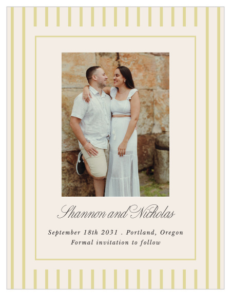 Formality Stripe Save the Date Cards feature timeless vertical pinstripes, a delicate rectangular border, and a favorite engagement photograph for a sophisticated, classic wedding announcement.