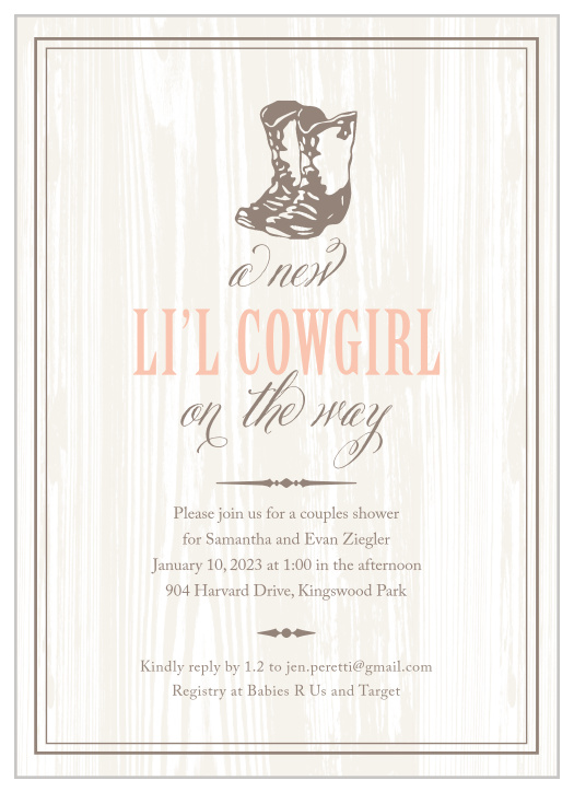 Host the perfect cowgirl themed baby shower with our country-chic New Cowgirl Baby Shower Invitations.