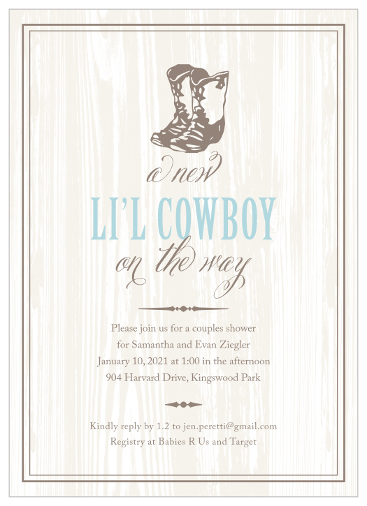 Host the perfect cowboy themed baby shower with our country-chic New Cowboy Baby Shower Invitations