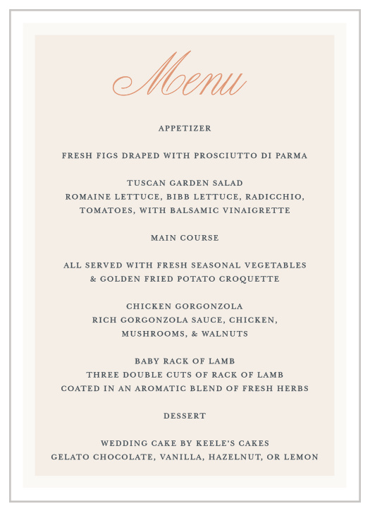 Describe what will be served at your reception to family and friends with our Champagne & Tables Wedding Menus.