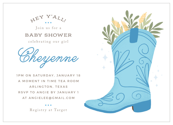 Host the perfect "cowboy" themed baby shower with this western themed baby shower invitation.