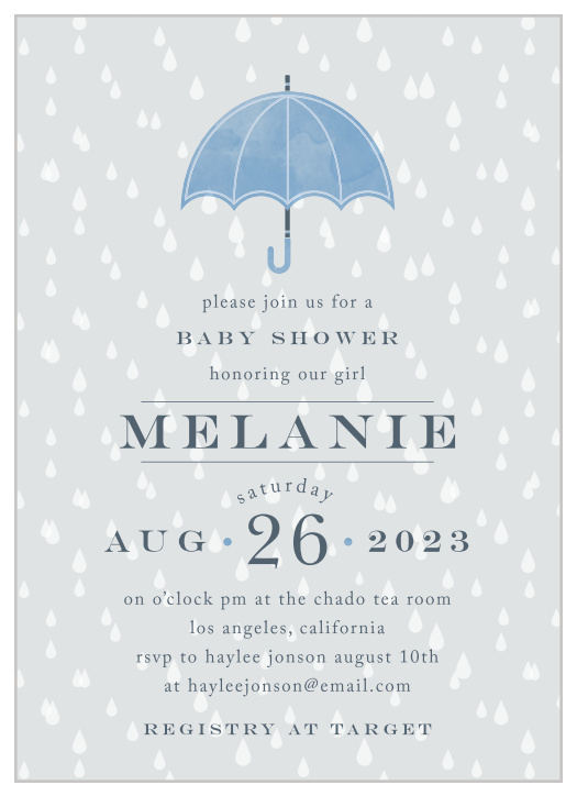 The Raindrop Umbrella baby shower invitation is a fun play on words for anyone that is going for a shower themed party.