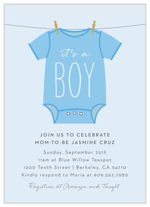 The Boy Onesie Clothesline baby shower invitations are a fun and cute way to invite your guests to your baby shower. 