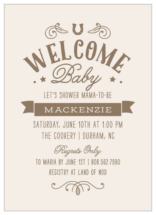 Our Buckaroo Horseshoe baby shower invitations have a unique southwestern pattern that can be changed to match your western themed shower. 