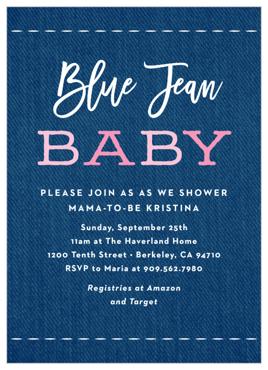 The Girl Blue Jeans uses the iconic blue jean texture and stitching as a way of announcing the party.