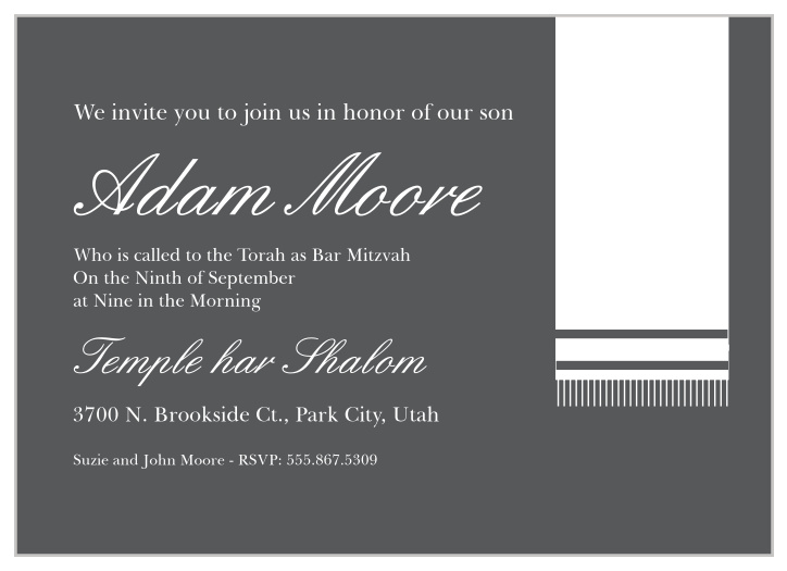 This Bar Mitzvah invite is beautifully adorned with a simple prayer shawl, and plenty of room to add all of your information.