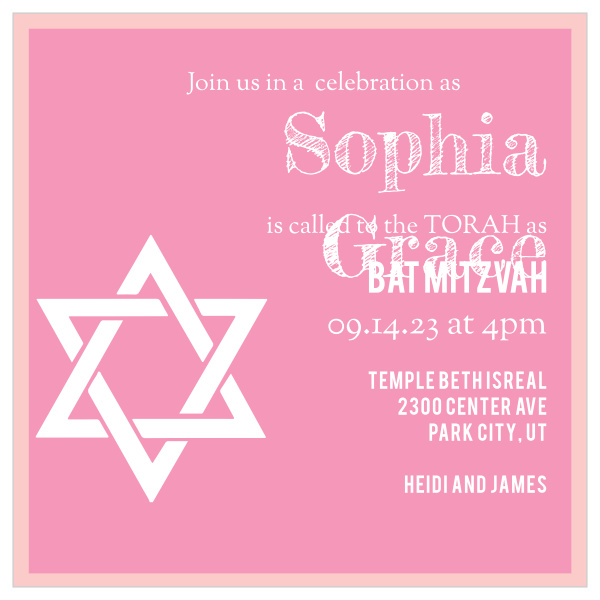 With its big bold lettering, and hefty border, this invite is the perfect Bat Mitzvah invite for someone looking to make an impression.