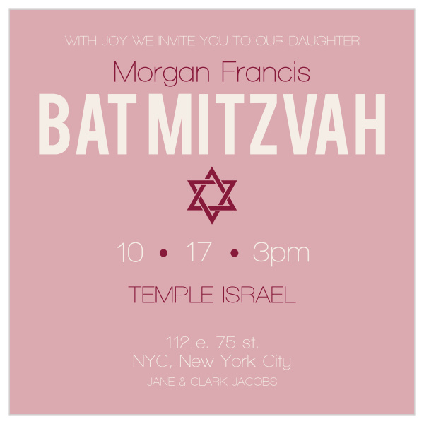 This Bat Mitzvah invite is perfect for anyone wanting a trendy, modern, simplistic design. 