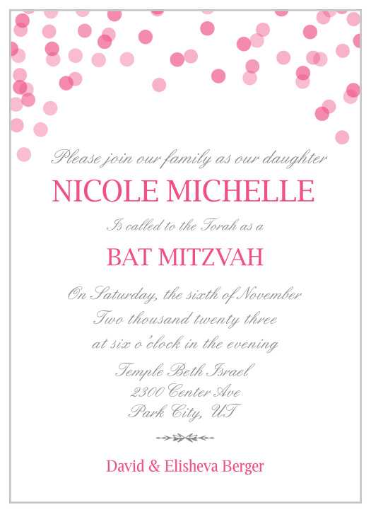 The Falling Confetti Bat Mitzvah invitations have a fun and unique style that can fit any party theme.