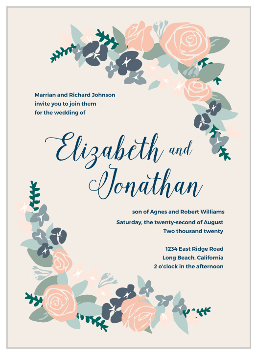 Your guests will be delighted when they receive our Illustrated Corner Wreath Invitation. A beautiful simple illustration of wreath accents adorn each corner, and all of your important information fills in the rest. 