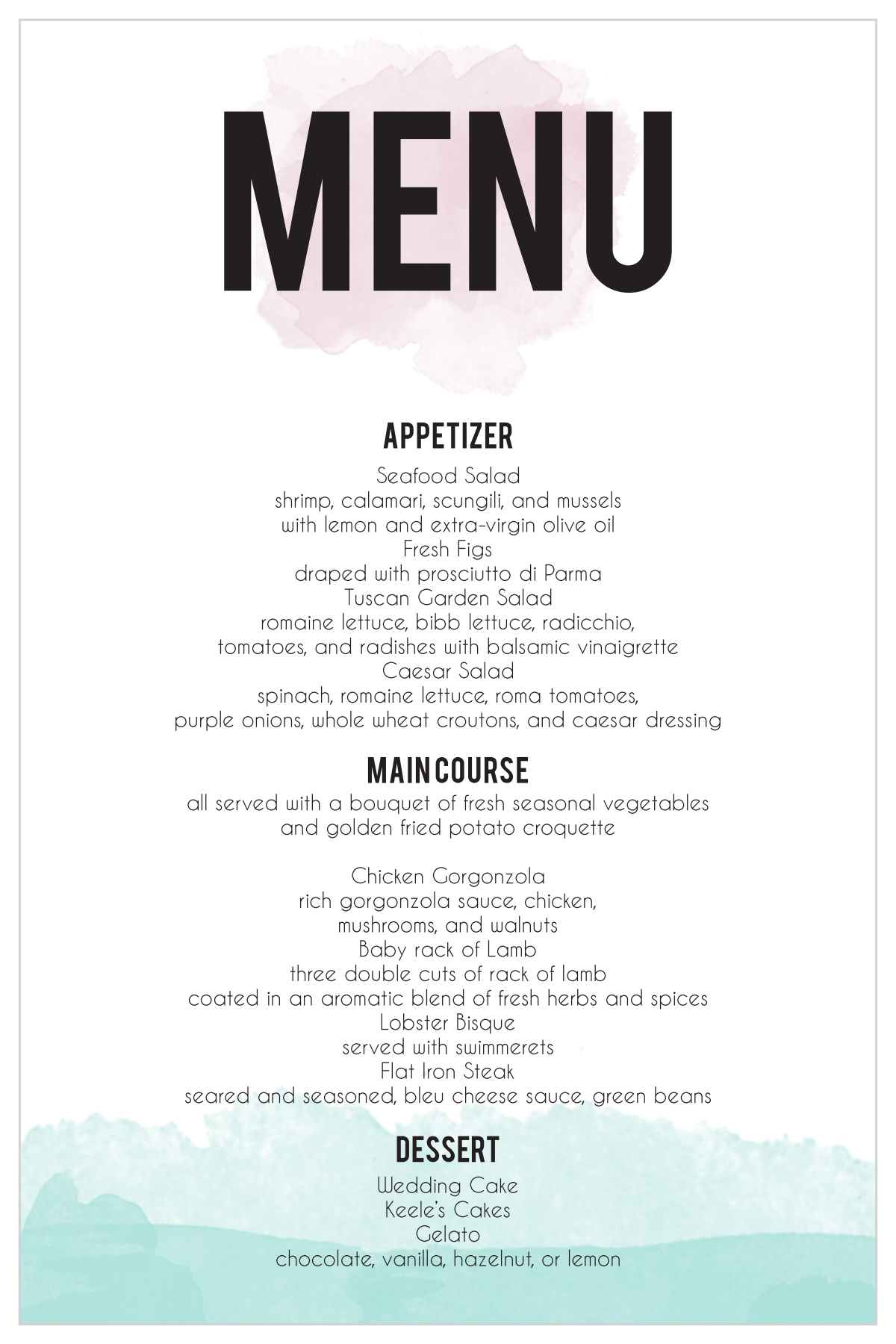 Watercolor Dip Wedding Menus