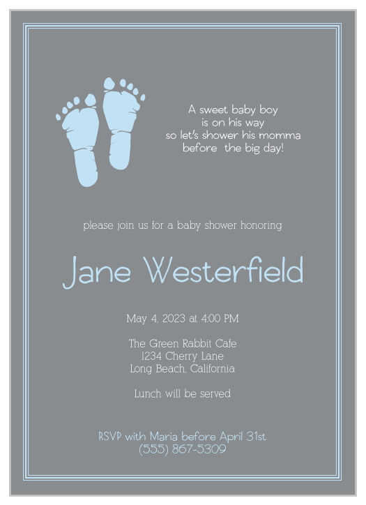 The Little Boy's Footprints Baby Shower Invitation feature cute footprints next to a spot for a cute saying or quote, all surrounded by a simple and adorable border, with plenty of room for your details.