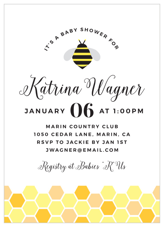 The Geometric Honeycomb Baby Shower Invitation features the cutest image of a bee, with adorable honeycomb on the side; leaving plenty of room for your custom text.