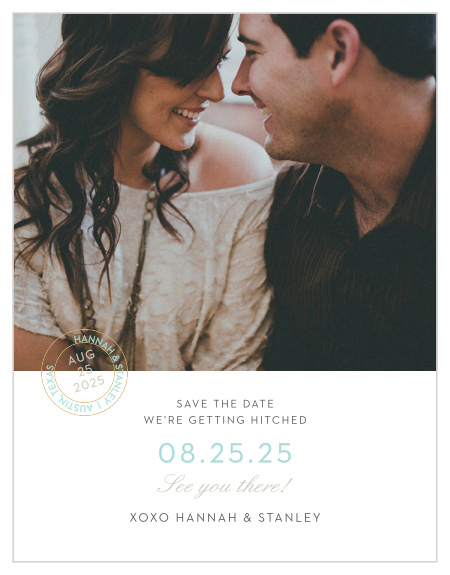 Composed from the heart, in colors of glass blue and smoky taupe and embellished with your engagement photo, retro script and a postmark emblem, the Note Home Save-the-Date Cards are a moment of the love you and your betrothed share!