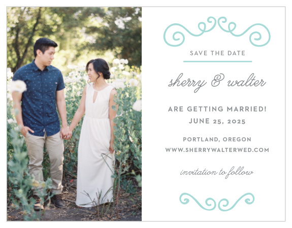 Chic, glass blue, swirling illustrations and a touch of curling calligraphy combine with your engagement photo to give the Classy & Curly Save-the-Date Cards their flair. 