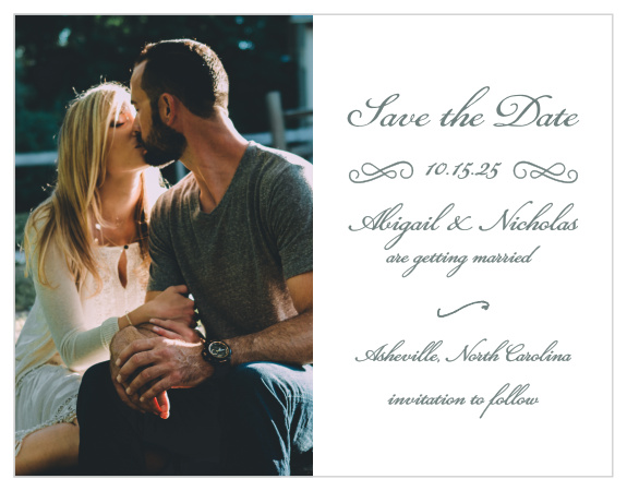 Choose one of your favorite engagement photos to decorate the left-hand side of our Rustic Elegance Save-the-Date Cards, then detail the specifics of your wedding- your names, wedding date, and wedding location- on the right-hand side in a flowing calligraphy. 