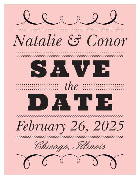 Featuring your names and the date and location in a gentle script, "Save the Date" in a bold block-style sans-serif, and with gentle swirls to serve as top and bottom borders, these Swirly Love Save-the-Date Cards are perfect reminders for your guests.