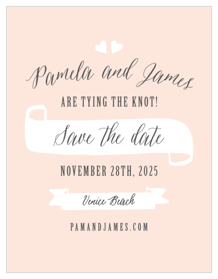 The Floating Ribbon Save-the-Date Cards feature whimsical banners and romantic hearts to highlight your wedding day info.