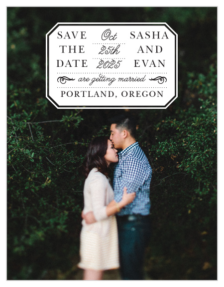 Featuring the vintage "French Label", adorned with curling calligraphy atop your engagement photo, these save the date cards are a lovely choice for you to send to your loved ones! 