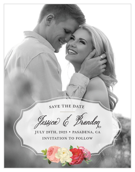 With a gorgeous picture of the bride- and groom-to-be gracing the background of our Vintage Florals Save-the-Date Cards, overlayed by an elegant, opaque insignia featuring a soft script and signed off by a trio of roses, you can be assured that its recipients will be awestruck. 