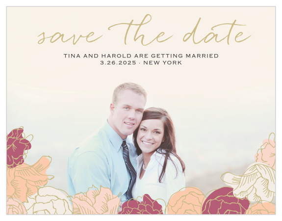 Stunning, multi-colored, rose blooms with gold accents adorn the bottom of your engagement photo for the Elegant Blooms Save-the-Date Magnets.