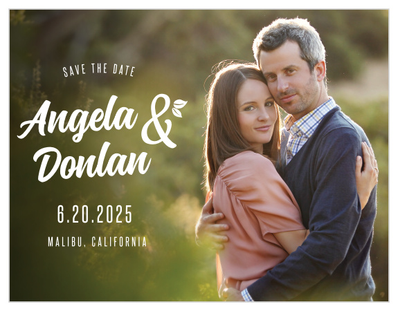Decorative text with whimsical leaves accent your photo on the Floral Charm Save-the-Date Magnets.