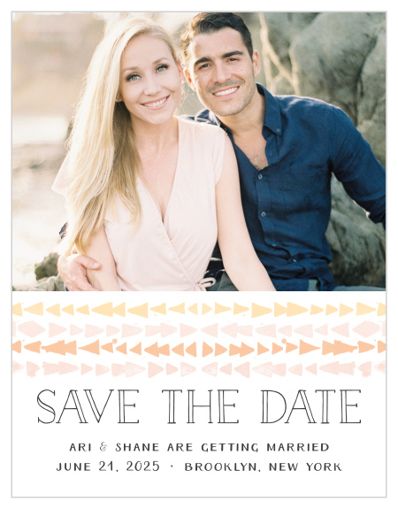 The Brooklyn Loft Save-the-Date Magnets are decorated with graphics of watercolored geometric designs in shades of orange, pink, and yellow set below your engagement photo. 