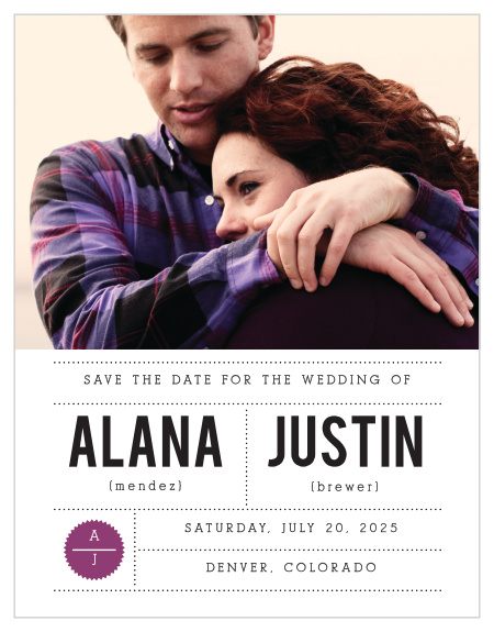 A beautiful photo of the two of you is the primary focus on our Clean & Classic Save-the-Date Magnets.