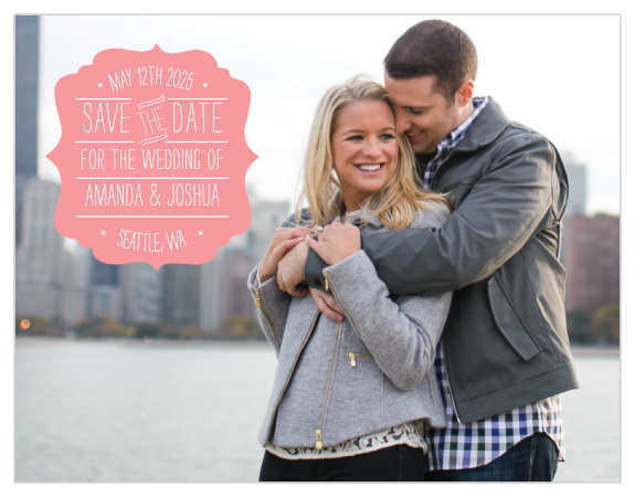 Choose one of your favorite engagement photos to serve as the background of our Simple Seal Save-the-Date Magnets, then customize the playful text inside the light-pink emblem to reflect your wedding details.