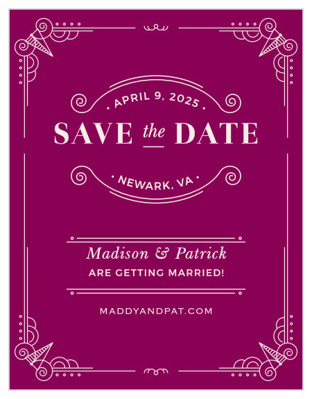 With a bliss pink background, antique-style typefaces, and embellished designs along the borders of this card, Vintage Novel Save-the-Date Magnets are reminiscent of a vintage train ticket: rather than a ticket to travel, you're handing out tickets to your perfect day.
