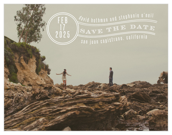 With a large photo of your choice being front and center, this save the date magnet is also adorned with a vintage postage stamp emulated over the top with places to provide your date and location. 