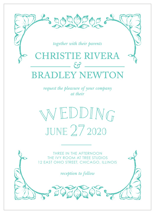 A vintage, leaf adorned crown frames the In the Garden Wedding Invitations in a fantastic deep aqua. 