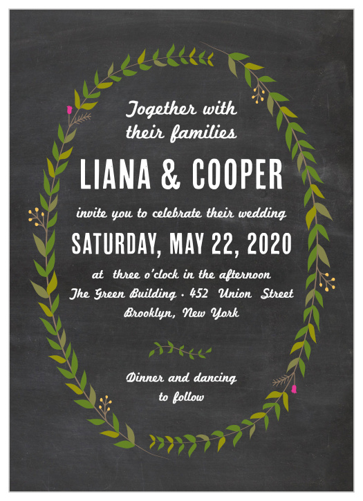 With a background of chalkboard, a typeface that alternates between a delicate handwritten script and large, bold strokes, and a mesmerizingly minimalistic wreath to surround it all, Chalkboard Wreath Wedding Invitations are a great way to announce your special day. 