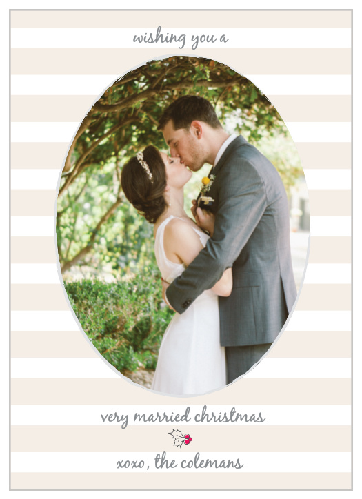 The Very Married holiday cards have a vintage which feel with a striped background and a oval space to hold the perfect wedding day photo.