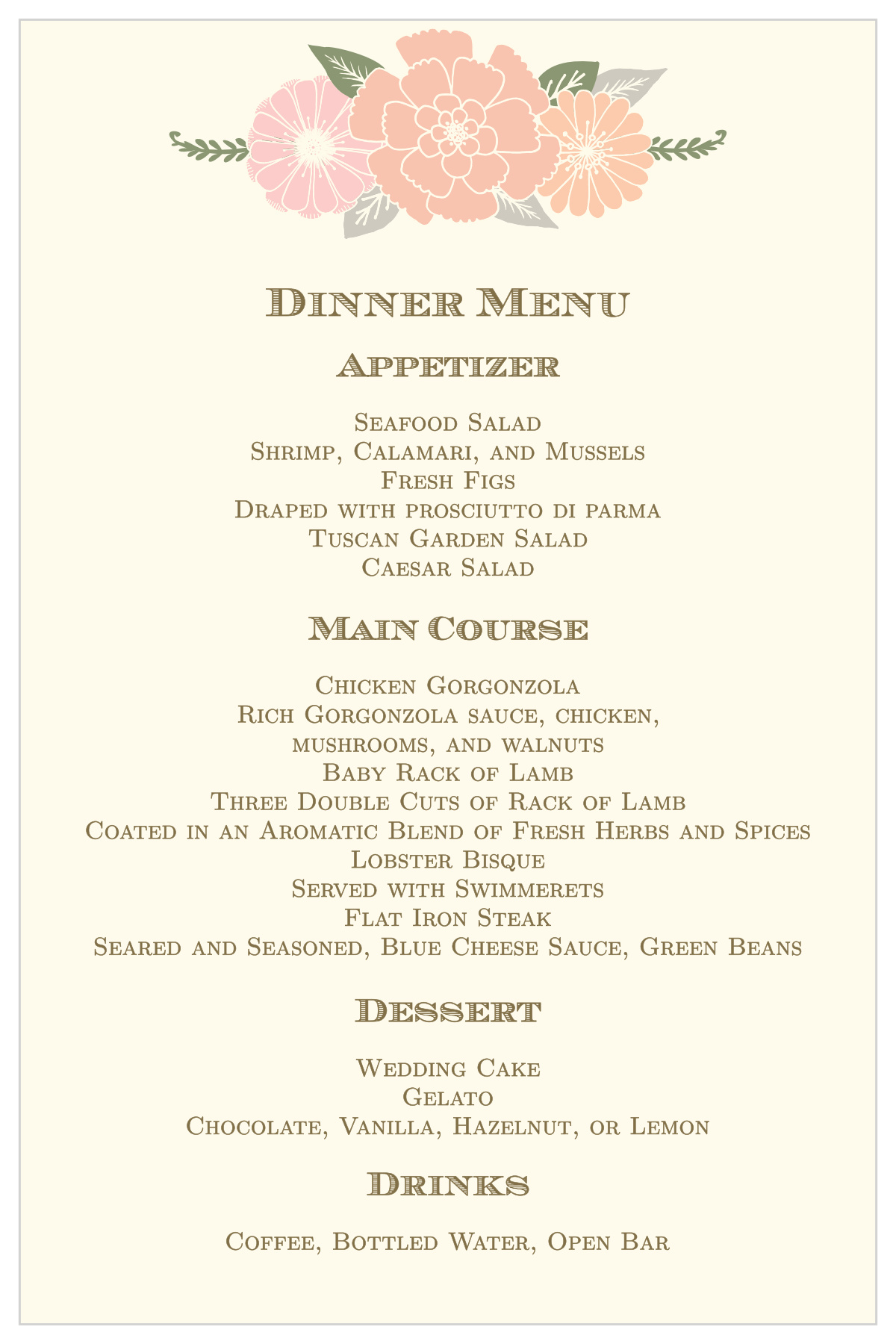 Blooming Antlers Wedding Menus