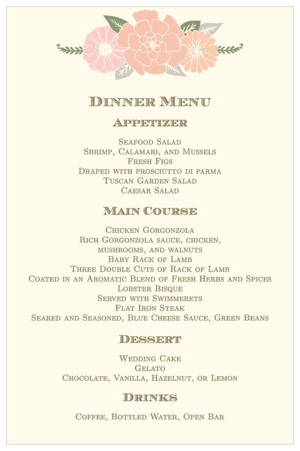 Our Blooming Antlers wedding menu is perfectly designed to compliment the entire Blooming Antlers invitation set while expertly delivering your meal menu.